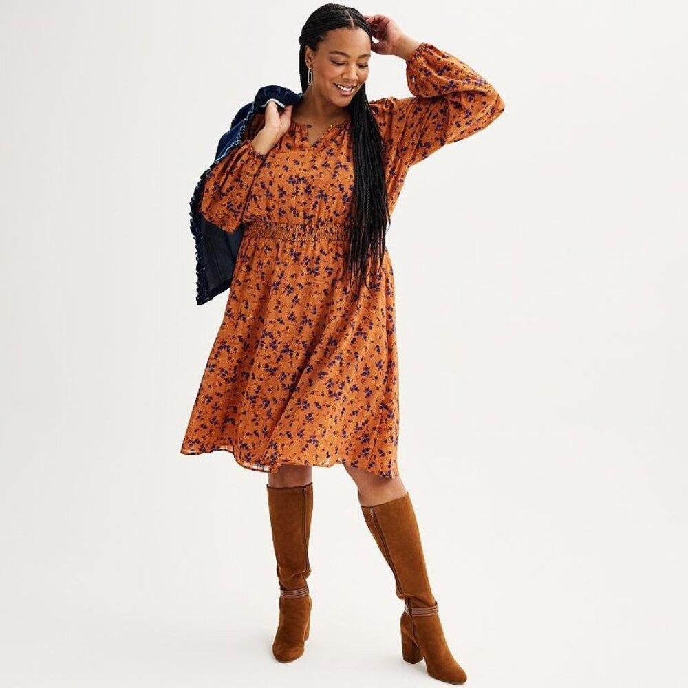 28. Draper James RSVP Smocked Midi Dress - Size 2X (20) - Rust Floral Print